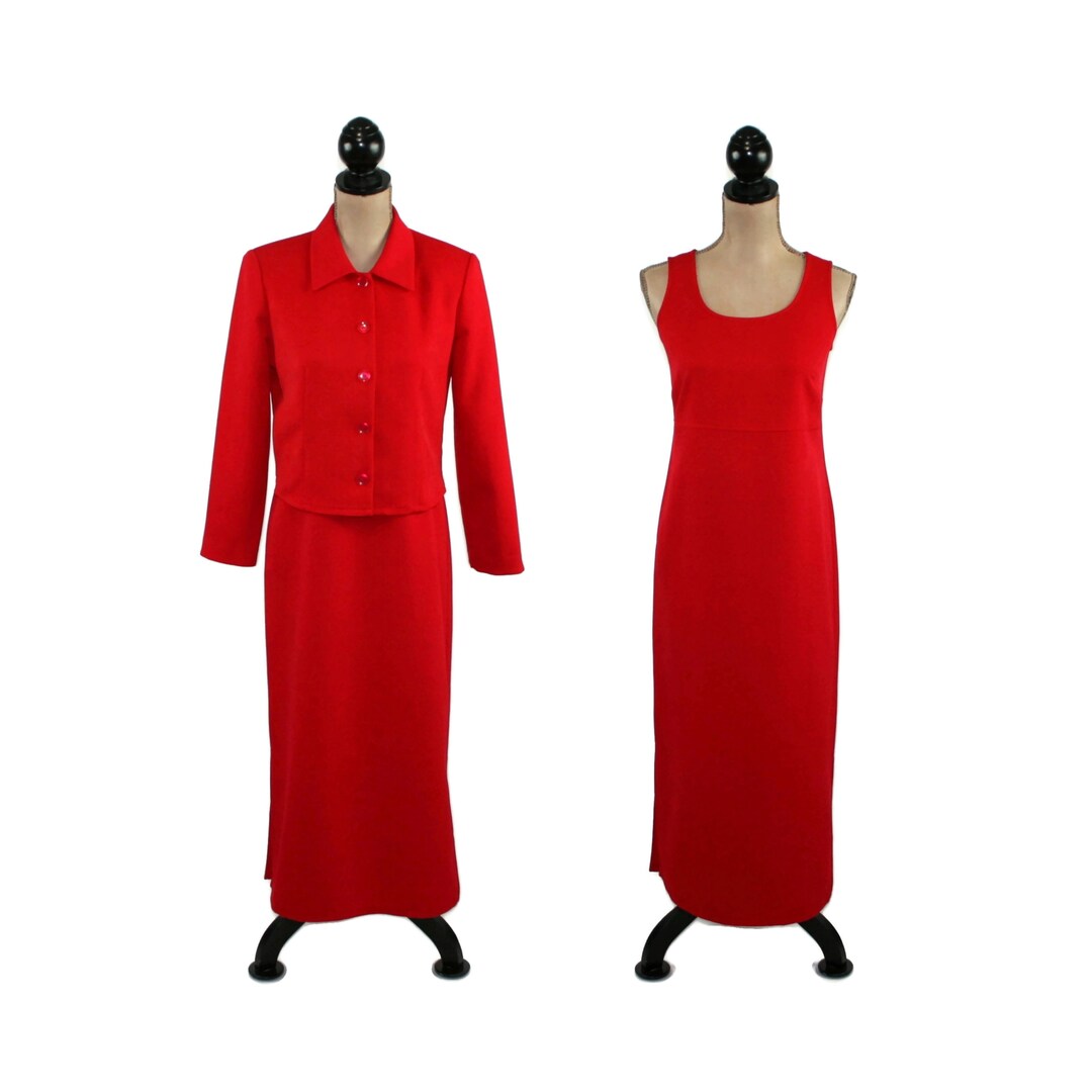 M 80s Long Red Sleeveless Dress & Matching Jacket Set, Two Piece Medium Petite Maxi Dress, 1980s