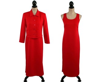 M 80s Long Red Sleeveless Dress & Matching Jacket Set, Two Piece Medium Petite Maxi Dress, 1980s Clothes Women Vintage JESSICA HOWARD Size 8