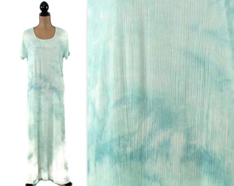 S-M Light Blue Tie Dye Maxi Dress Long Summer Beach Crinkle Gauze Casual Loose Flowy Boho Hippie Clothes Women Vintage Clothing Small Medium