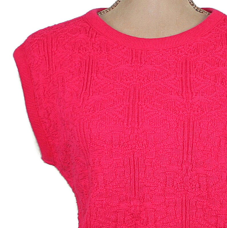 S-M 80s Sleeveless Sweater Vest, Hot Pink Raspberry Cotton Knit Top, Cap Sleeve Preppy Spring Clothes Women, Vintage 1980s Small Medium image 2