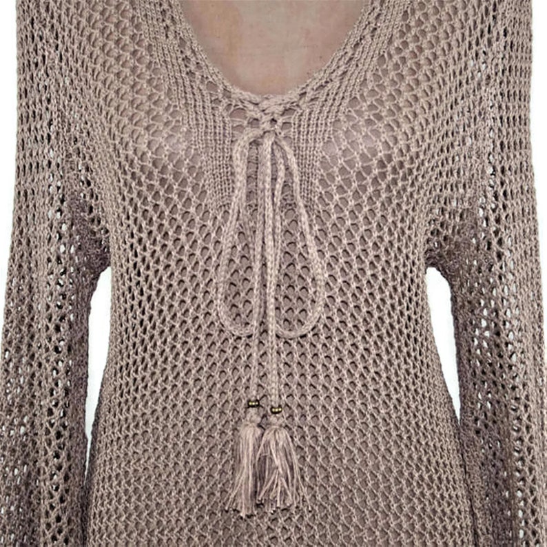 S Mocha Bell Sleeve Crochet Dress Small, See Through Sweater Open Knit Fishnet Beach Cover Up, Bohemian Hippie Clothes, Boho Clothing Women image 2