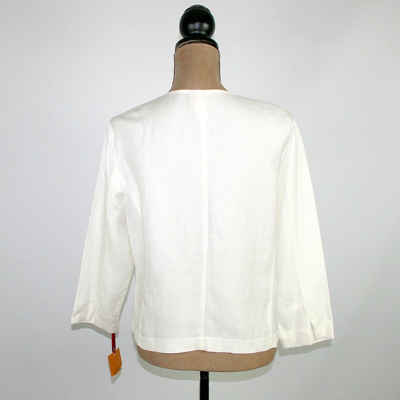 L Embellished White Linen Jacket Women Large, Lightweight Collarless with Pockets, Spring Summer Resort, 2000s Clothes Y2K Clothing Size 12 image 6