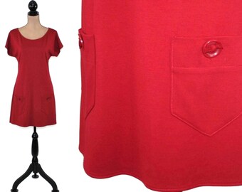 S Y2K Casual Short Red Mini Dress Small, A Line Dress with Pockets, Dolman Jersey Knit Scoop Neck, 2000s Clothes Women Teen