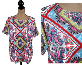 M Y2K Scarf Print Blouse Medium, Spring Short Sleeve Stretchy Dolman Top, Colorful Pullover Shirt, Summer Clothes Women Vintage Clothing