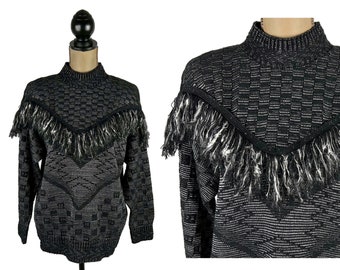 L-XL 80s New Wave Sweater with Fringe, Mock Neck Drop Shoulder Oversized Pullover, Geometric Black White Acrylic 1980s Clothes Women Vintage