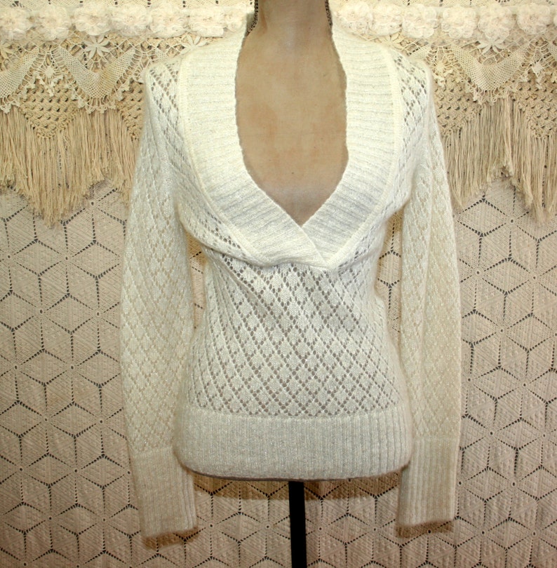 Womens V Neck Sweater XS Small Cream White Pullover Wool Sweater Mohair Sparkly Pointelle Knit Lacy Sheer Open Weave Ann Taylor