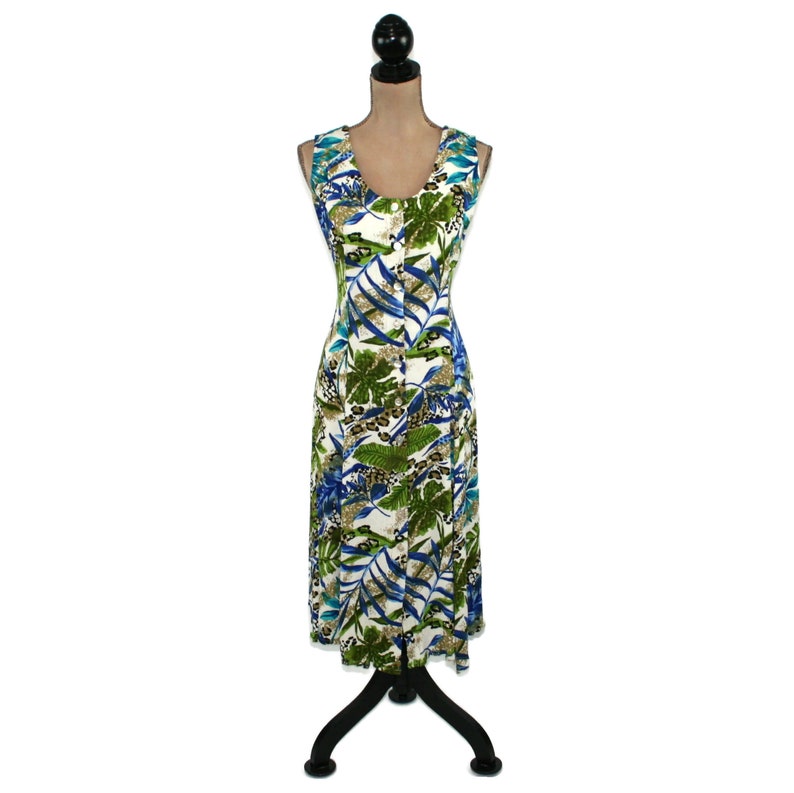90s Summer Dress Medium, Tropical Print Midi, Sleeveless Button Up, Casual Flowy Crinkle Rayon, 1990s Clothes Women Vintage Dressbarn image 4