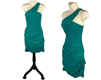 Y2K One Shoulder Mini Dress XS, Fitted Short Sexy Green Ruched Bodycon, Club Clothes Women Vintage 2000s Clothing, Deadstock BCBG MAXAZRIA