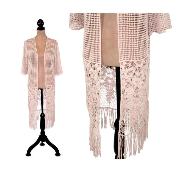 S-M Boho Duster Crochet Jacket Lace Cardigan Long Coat Hippie Clothes Lacy Cotton Blush Romantic Edwardian Style Clothing Women Small Medium