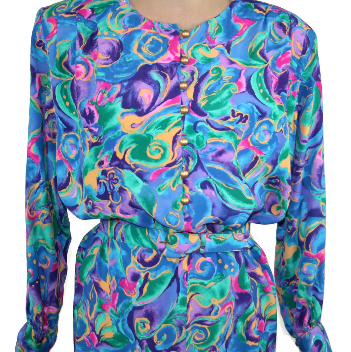 Shoulder Pad 80s Dress Medium Colorful Long Sleeve Abstract | Etsy