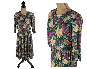 M 80s Floral Full Skirt Dress with Pockets, 3/4 Sleeve Jersey Shoulder Pads, 1980s Clothes Women, Vintage Clothing STUART ALAN Petite Medium