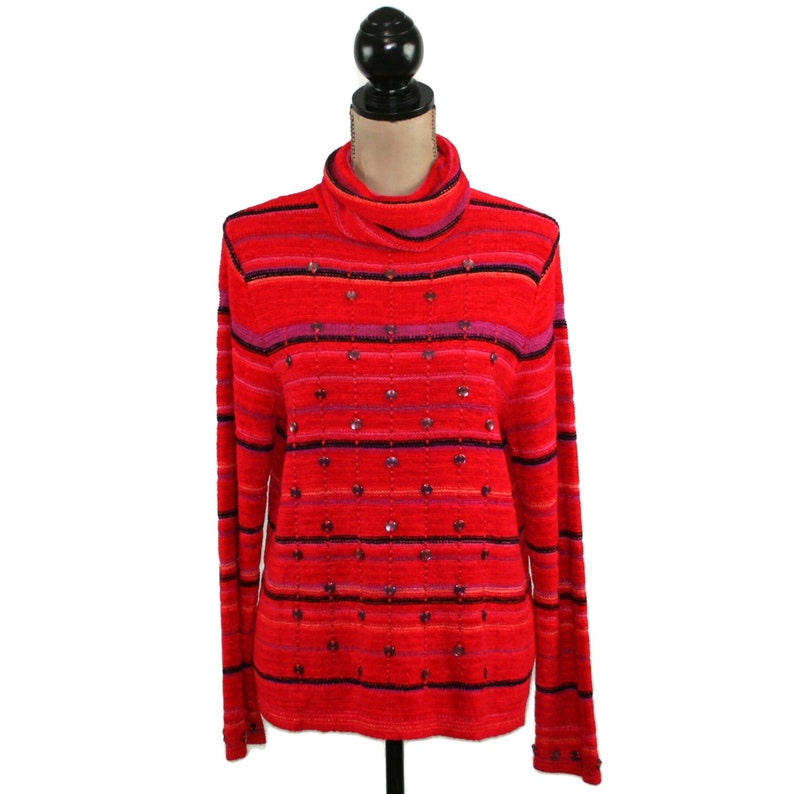 M 90s Red Striped Knit Sweater Chenille Turtleneck Tunic Embellished ...