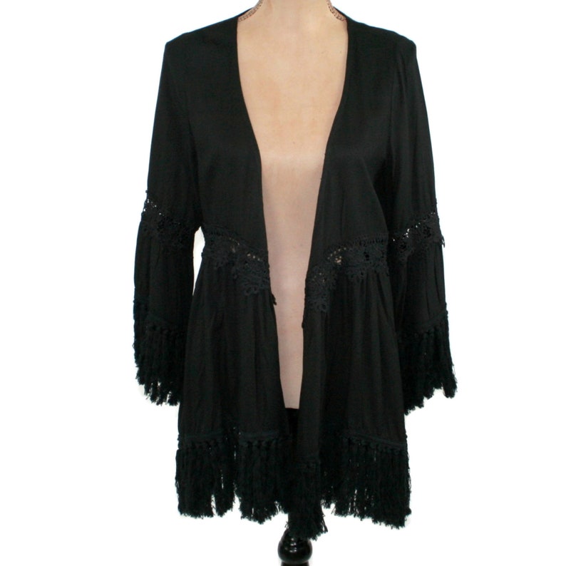 Black Boho Duster Kimono with Fringe Festival Coat Gypsy Style Open Cardigan Women Hippie Clothes Bell Sleeve Jacket Bohemian Clothing