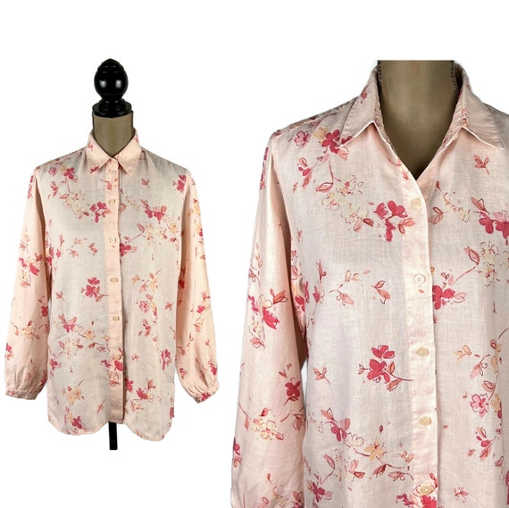 90s Long Sleeve Linen Floral Button Up Blouse, Co… - image 1