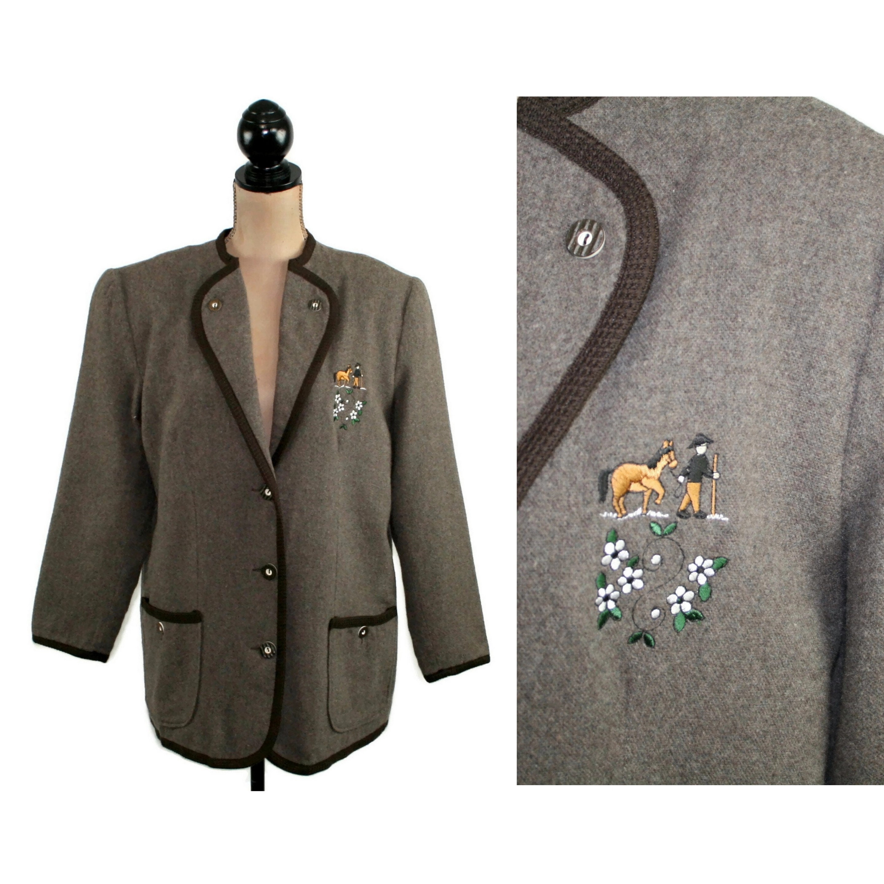 ジャケット・アウター Embroidered Design Tyrolean Jacket L-XL Tyrolean Wool Blend Chore Coat, Horse Embroidered Barn