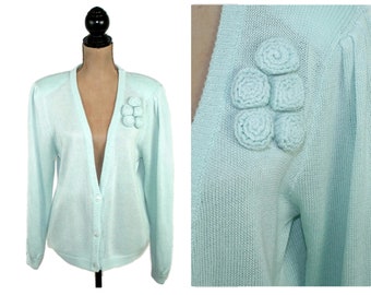 M-L 80s Pastel Cardigan with Shoulder Pads, Acrylic Knit Button Up Sweater, Embellished Spring Cottagecore, 1980s Clothes Women Vintage