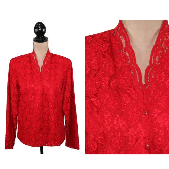 Long Sleeve Red Lace Blouse Women Large 
