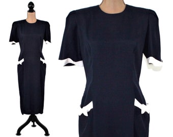 M 80s does 40s Style Dress Medium, Navy Blue with White Trim, Shoulder Pads & Pockets, 1980s Clothes Women, Vintage Clothing Petite Size 8