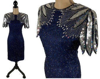 S 80s Art Deco Sequin Beaded Dress Small, Midnight Blue+Silver Midi Short Sleeve Cocktail Party 1980s Clothes Women Vintage Lawrence Kazar