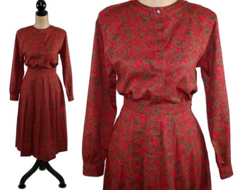 S 80s Red Paisley Print 2 Piece Set, Skirt and Top, Long Sleeve Cotton Pleated Midi, 1980s Clothes Women Vintage Clothing Made in the USA