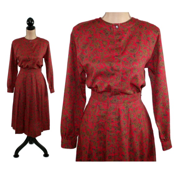 S 80s Red Paisley Print 2 Piece Set, Skirt and To… - image 1