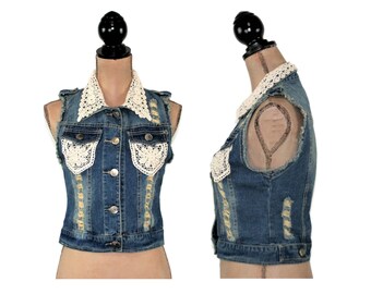 Embellished Distressed Denim Vest Boho Hippie Lace Pearl Beaded Romantic Grunge XXS XS Small Teen Junior Women Clothing New Upcycled Clothes