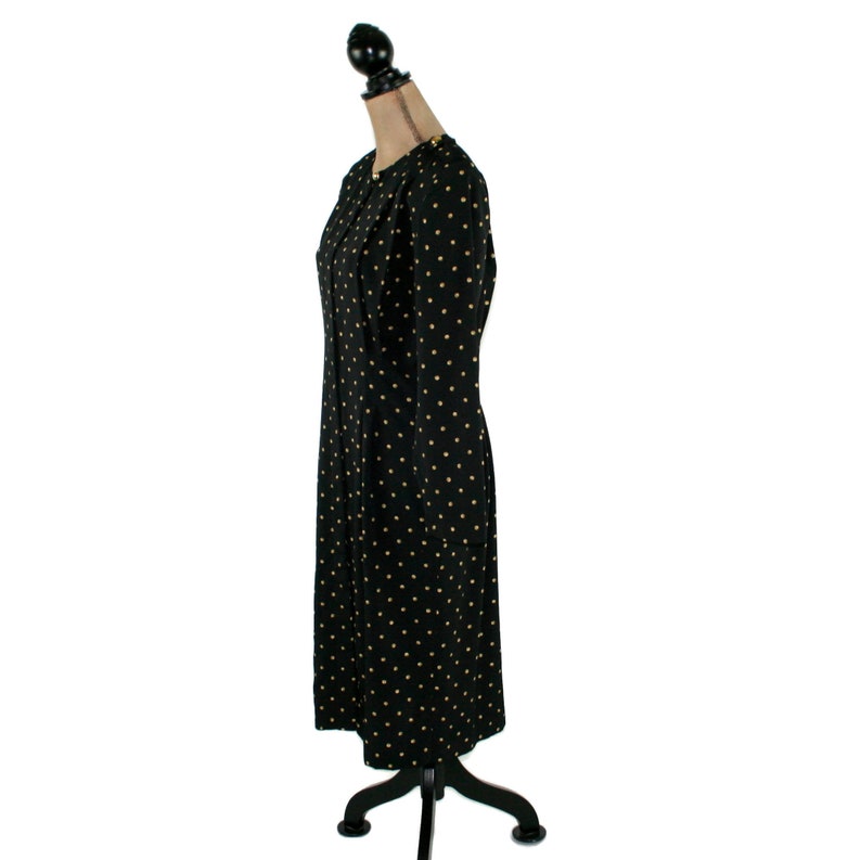 L 90s Black & Gold Polka Dot Dress Large, Long Sleeve Midi Dress with Pockets, 1990s Clothes Women, Vintage Clothing from MS CHAUS Size 14 image 7