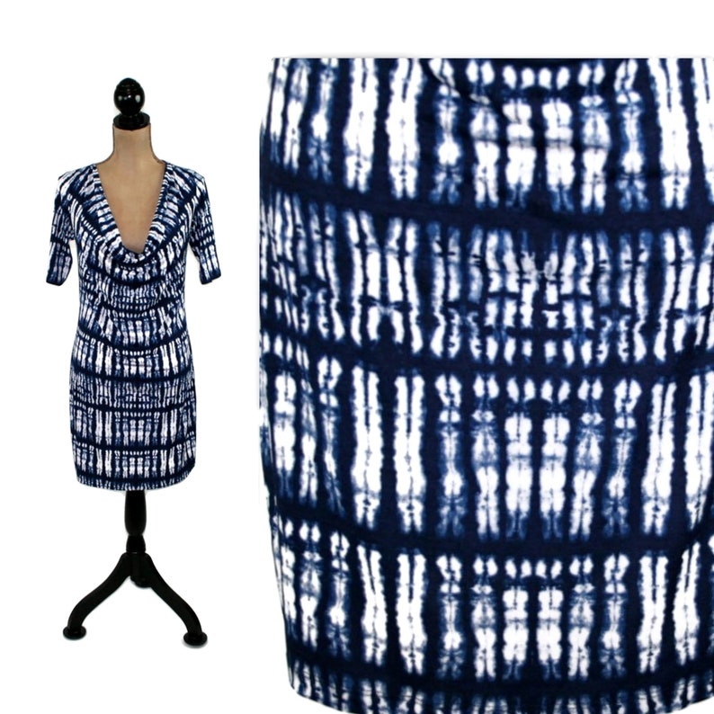 S-M Y2K Jersey Knit Dress, Short Sleeve Midi, Abstract Tie Dye Dark Blue and White, Fitted Stretchy Casual 2000s Clothes Women Small Medium image 1