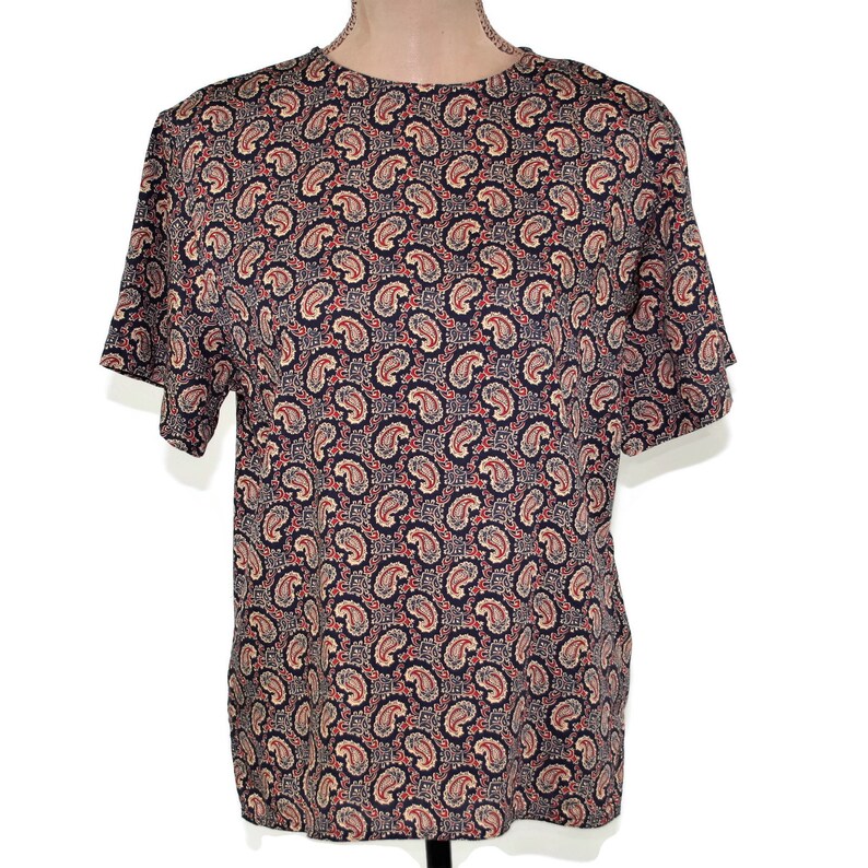 1980s Blouse Short Sleeve Paisley Shirt Boxy Navy Blue Print Rayon Office Wear Liz Claiborne Top 80s Vintage Clothing Women Medium Petite