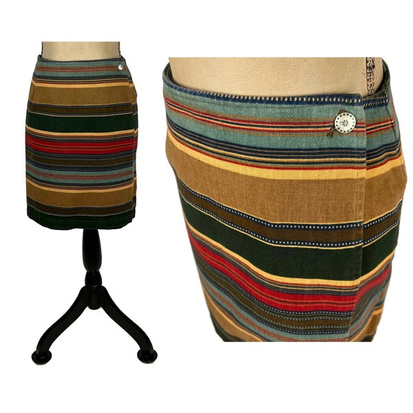 L 90s Southwestern Stripe Wrap Skirt Large, Desert Earth Tone Cotton Pencil Midi Skirt, 1990s Clothes Women Vintage JONES NEW YORK Size 14