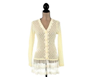 S Romantic Knit Cardigan with Lace Hem, Ivory Cream Button Up Sweater, Dressy Feminine Boho Clothing for Women Size Small