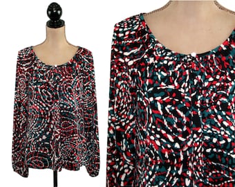 L 90s Y2K Peasant Blouse Large, Multicolor Abstract Swirl Print, Long Sleeve Knit Top, Scoop Neck Loose Fit, Casual Clothes Women Vintage