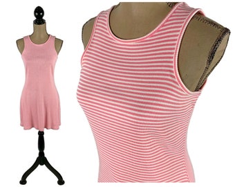 S 80s Pink Striped Cotton Rib Knit Sleeveless Mini Tank Dress Small Casual Short Summer Dress 1980s Clothes Women Vintage MODA INTERNATIONAL