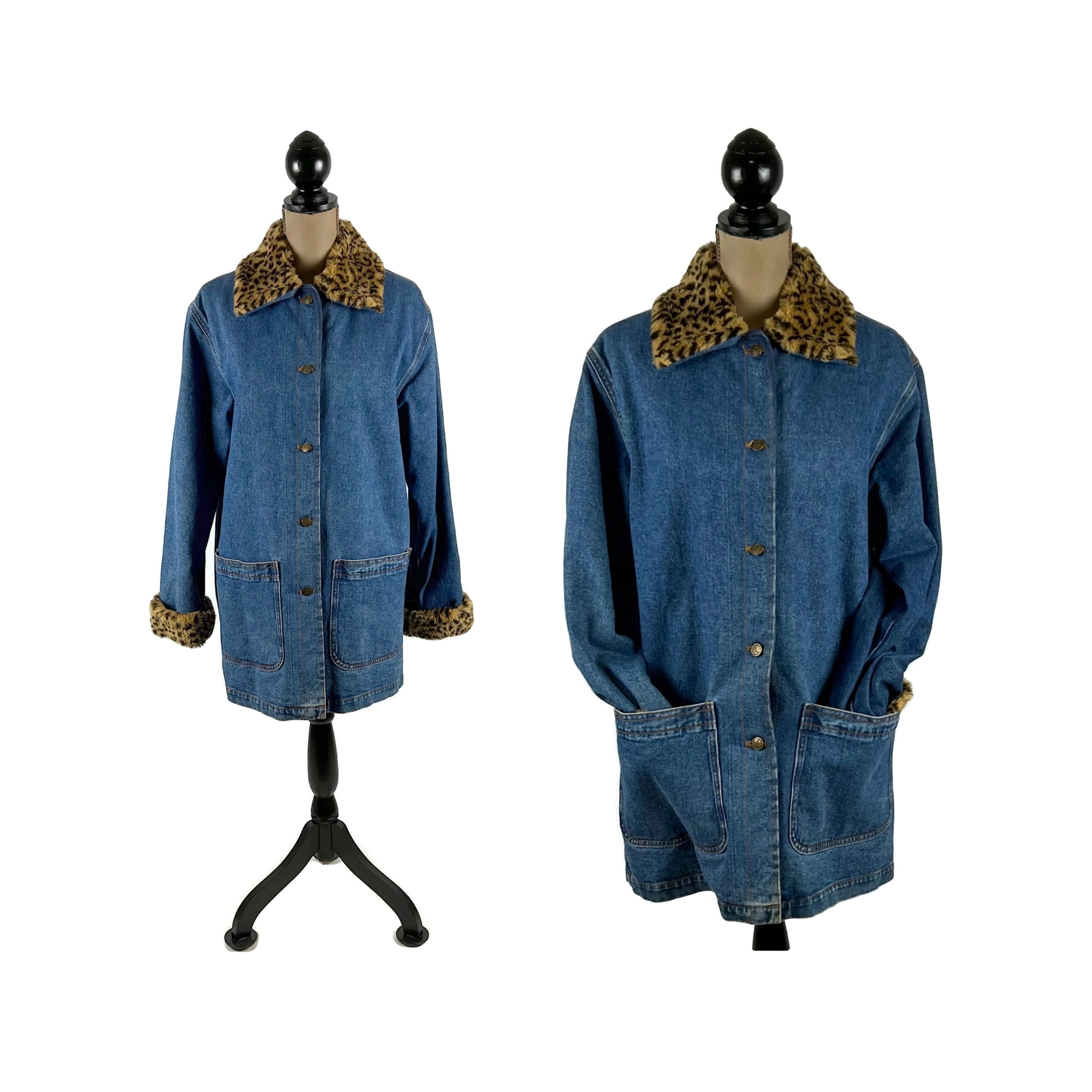 M-L Blue Jean Coat With Cheetah Print Collar & Cuffs, Thigh