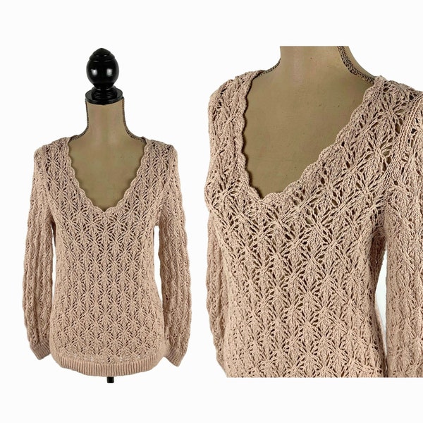 TheOpen Product Pointelle Crochet Knit Wide Sleeve Sweater in Beige Size 1