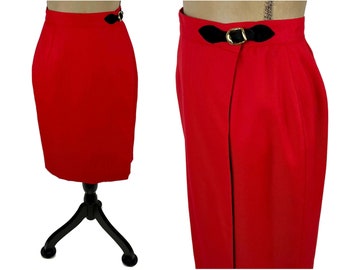 S 90s Red Midi Wrap Skirt Small, 27 inch High Waist Pencil Skirt with Buckle, 1990s Clothes Women, Vintage Clothing from THE EAGLES EYE