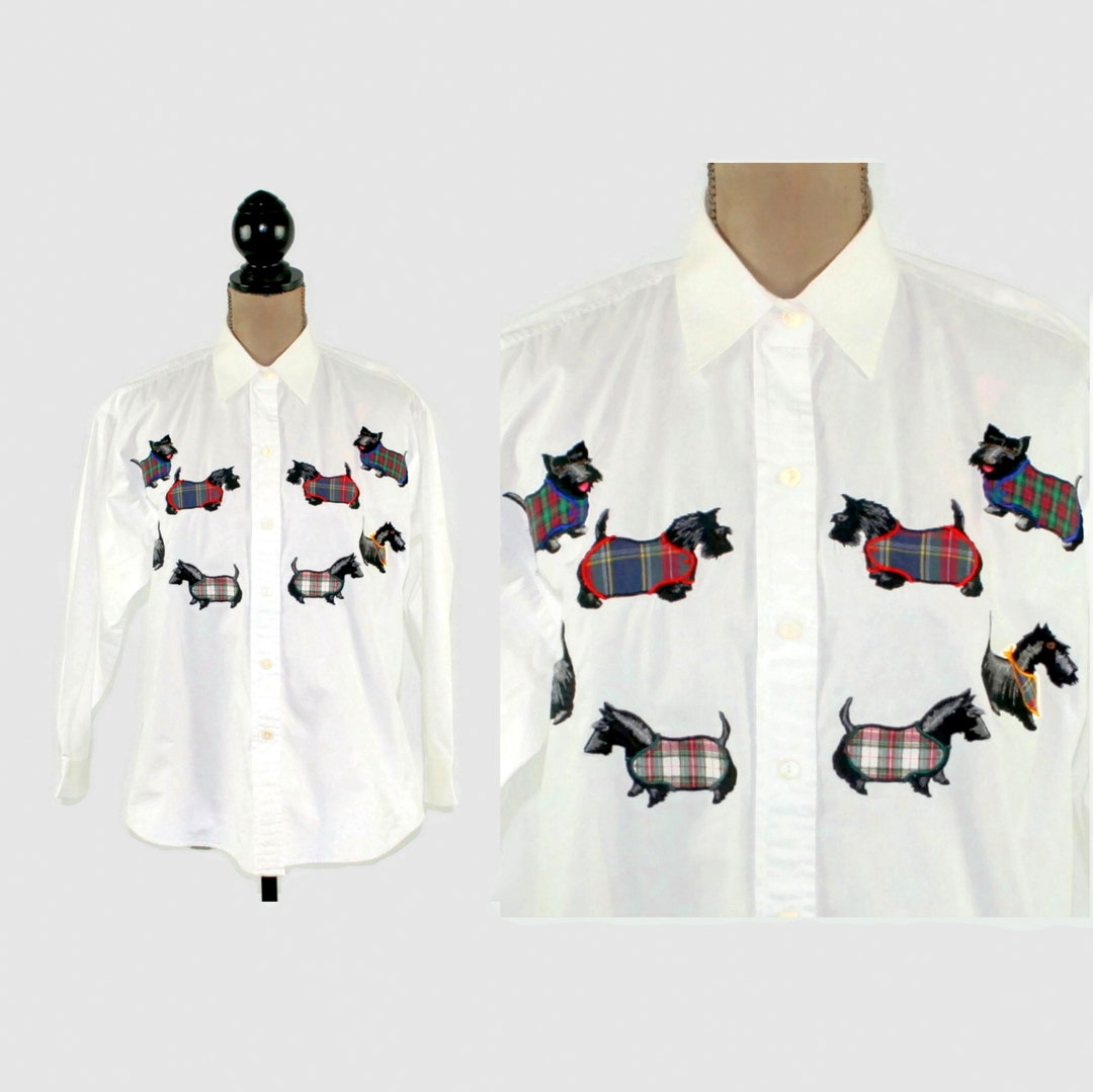 M 90s Scottie Dog Embroidered Blouse, Scottish Terrier Applique Shirt