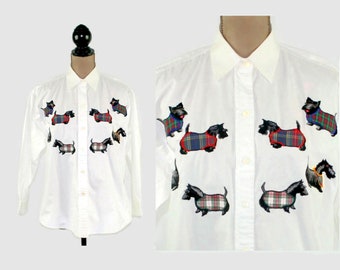 M 90s Scottie Dog Embroidered Blouse, Scottish Terrier Applique Shirt, Christmas Holiday Novelty Top, 1990s Clothes Women Vintage Clothing