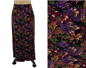 90s Purple Floral Maxi Skirt XL, Long Pencil Skirt Size 16, Fall Winter Ultrasuede, Plus Size Clothes Women Vintage 1990s BRIGGS New York