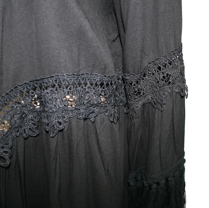Black Boho Duster Kimono with Fringe Festival Coat Gypsy Style Open Cardigan Women Hippie Clothes Bell Sleeve Jacket Bohemian Clothing