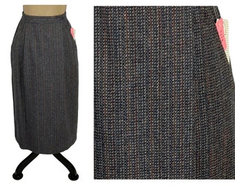 XS 80s Tweed Midi Skirt with Pockets, 25.5" High Waist Pencil Skirt, Wool Blend Office Winter Academia, 1980s Clothes Women Vintage