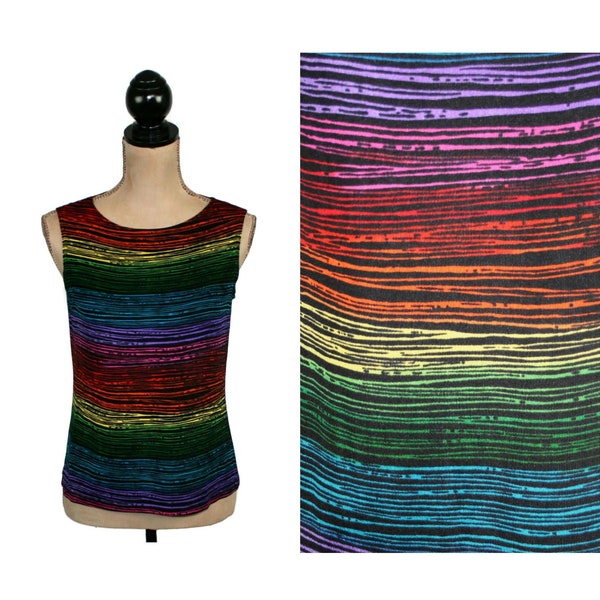 S Y2K Ombre Rainbow Tank Top Petite Small, Sleeveless Top Summer Striped Thin Stretchy Blouse, 2000s Clothes Women Vintage LAURA ASHLEY