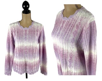 L Y2K Ombre Cable Knit Sweater Large, Spring Purple Pastel Soft Acrylic Pointelle Pullover, 2000s Clothes Women Vintage ALFRED DUNNER Petite