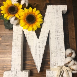 Rustic Wooden Letter M, Sunflower & Cotton