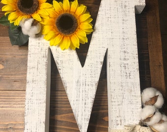Rustic Wooden Letter M, Sunflower & Cotton