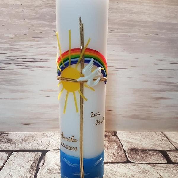 Taufkerze Kreuz Regenbogen Taube