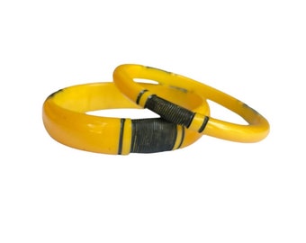 Yellow and Black Carved and Painted Bakelite Bangles (Sold Separately), Vintage 1940s 1950s, Costume Jewelry
