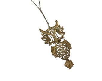Boho 1970s Owl Necklace, Gold Tone Owl Pendant on Thin Chain, Costume Jewelry