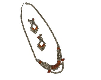 Clear and Tangerine Rhinestone Jewelry Set, Necklace and Earrings, Vintage 1950s Demi Parure, Costume Jewelry