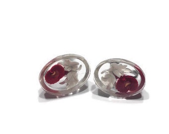 Lucite Red Flower Earrings, Screw Back Earrings, Costume Jewelry